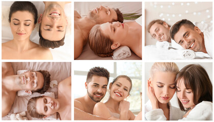Fototapeta premium Collage with young couples relaxing in spa salon