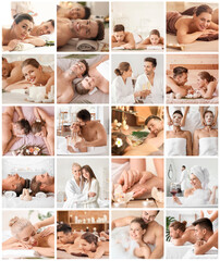 Collage with young couples relaxing in spa salon