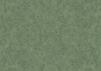 Hand-drawn unique abstract seamless ornament. Dark green on light warm green background, with splatters of golden glitter. Paper texture. Digital artwork, A4. (pattern: p06a)