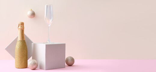 New Year composition with champagne on light background with space for text