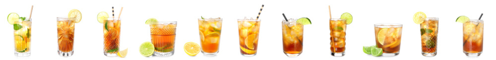 Glasses of tasty Long Island iced tea on white background