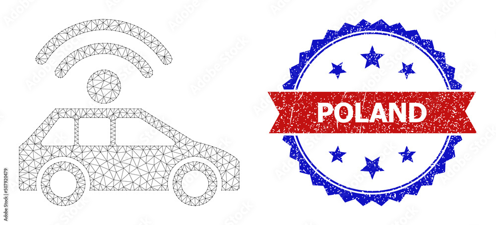 Poster mesh net automatic car polygonal framework icon, and bicolor scratched poland seal stamp. red seal h