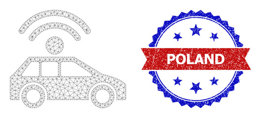 Mesh net automatic car polygonal framework icon, and bicolor scratched Poland seal stamp. Red seal has Poland text inside ribbon and blue rosette. Vector carcass polygonal net automatic car icon.
