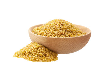 Organic bulgur in a wooden bowl isolated on white background.