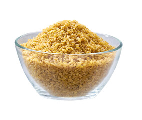 bulgur in a clear glass bowl isolated on white background.