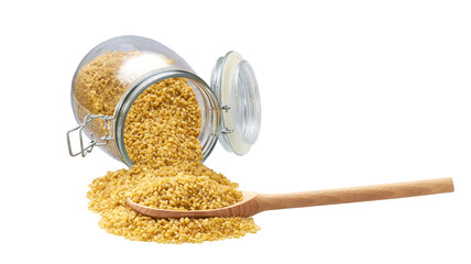 dry bulgur in wooden scoop and  in glass storage jar isolated on white background.