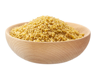 Raw bulgur in a wooden bowl isolated on white background.