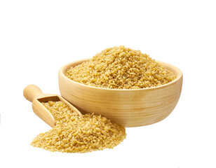 bulgur in wooden scoop and bowl isolated on white background.