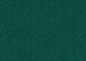 Hand-drawn unique abstract symmetrical seamless ornament. Bright semi transparent green on a deep cold green background. Paper texture. Digital artwork, A4. (pattern: p06b)