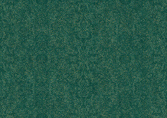 Hand-drawn unique abstract seamless ornament. Light green on a darker cold green background, with splatters of golden glitter. Paper texture. Digital artwork, A4. (pattern: p06b)
