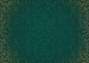 Hand-drawn unique abstract ornament. Light green on a dark cold green background, with vignette in golden glitter. Paper texture. Digital artwork, A4. (pattern: p06b)