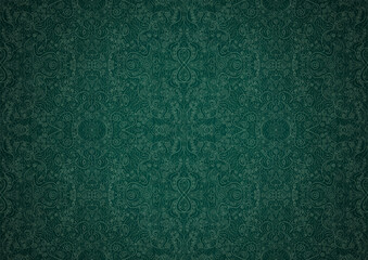 Fototapeta premium Hand-drawn unique abstract symmetrical seamless ornament. Bright green on a deep cold green with vignette of a darker background color. Paper texture. Digital artwork, A4. (pattern: p06b)