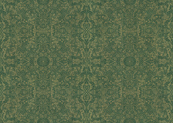 Hand-drawn unique abstract symmetrical seamless gold ornament of golden glitter on a warm green background. Paper texture. Digital artwork, A4. (pattern: p06b)