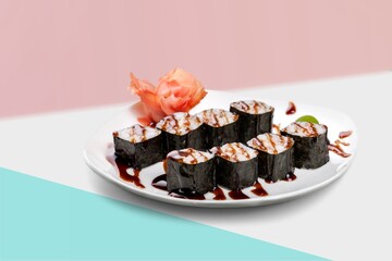 Popular sushi rol with salmon and cream cheese. Sushi menu concept. Modern japanesse food.