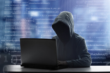 Hacker at laptop. Malware and virus.