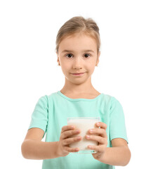 Cute girl with glass of milk on white background