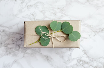 Gift box wrapped in brown paper decorated with eucalyptus branch