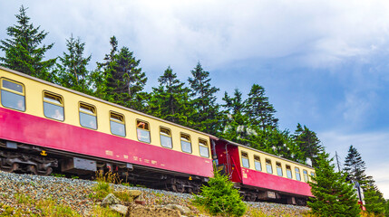 Brockenbahn Locomotive railway train at Brocken mountain peak Harz Germany.