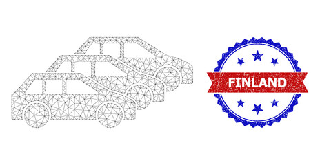 Mesh net car traffic polygonal frame icon, and bicolor scratched Finland seal stamp. Red stamp seal includes Finland tag inside ribbon and blue rosette. Vector carcass polygonal mesh car traffic icon.