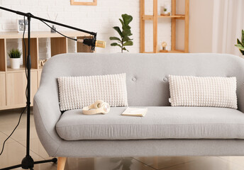 Stand with professional microphone and sofa with modern headphones in light room