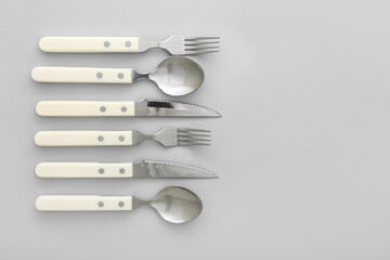 Set of stainless steel cutlery with plastic handle on light background
