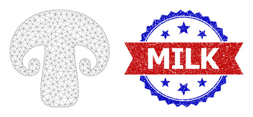 Mesh net champignon polygonal framework illustration, and bicolor rubber Milk seal stamp. Red stamp seal has Milk caption inside ribbon and blue rosette. Vector carcass polygonal net champignon icon.