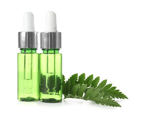 Bottles of natural serum with fern leaves isolated on white background