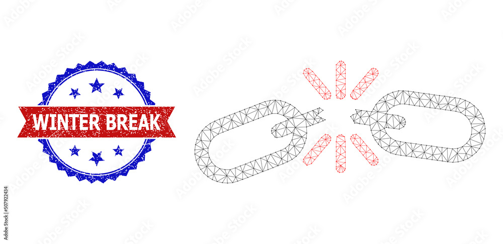 Poster net mesh chain fail polygonal frame icon, and bicolor rubber winter break seal stamp. red stamp seal