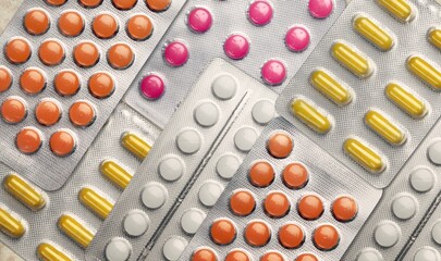 Pharmaceuticals antibiotics pills medicine in blister packs. colorful antibacterials capsule pill. Pharmaceutical industry