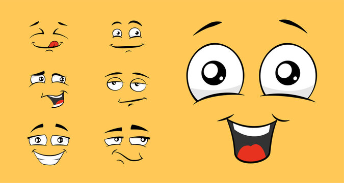 Cartoon funny face set. Big eyes and laughter emotion collection. Different expressive cute emoticons on yellow background. Vector happy emoji eps illustration