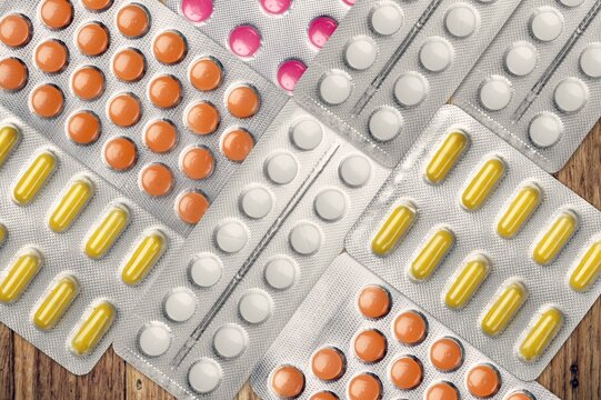 Pharmaceuticals antibiotics pills medicine in blister packs. colorful antibacterials capsule pill. Pharmaceutical industry