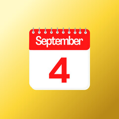 Day 4 of september month with red calendar design and yellow background with 3d shadow