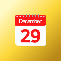 Day 29 of December month with red calendar design and yellow background with 3d shadow