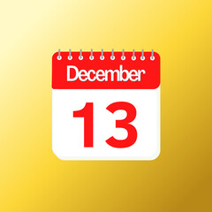 Day 13 of December month with red calendar design and yellow background with 3d shadow