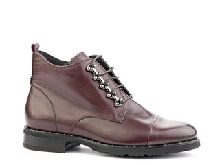 Men's autumn brown leather jodhpur boots with laces and average heels, isolated white background. Right side view. Fashion shoes.