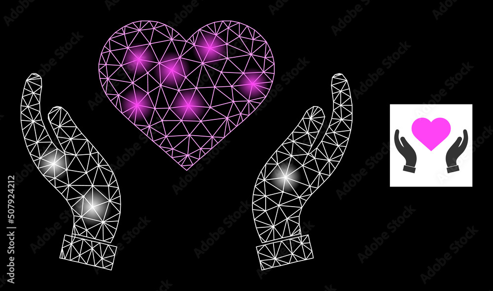 Poster flare net love care hands constellation icon with light spots. illuminated vector model based on lov