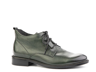 Men's autumn green leather jodhpur boots with laces and average heels, isolated white background. Right side view. Fashion shoes.