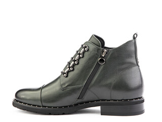 Men's autumn green leather jodhpur boots with laces and average heels, isolated white background. Left side view. Fashion shoes.