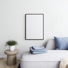 Vertical frame mockup with white armchair, ornamental plant, hat and cloth. 3d rendering, interior design, 3d illustration