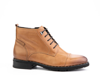 Men's autumn brown leather jodhpur boots with laces and average heels, isolated white background. Right side view. Fashion shoes.