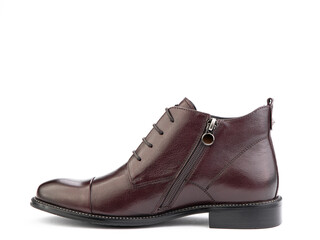 Men's autumn brown leather jodhpur boots with laces and average heels, isolated white background. Left side view. Fashion shoes.