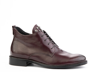 Men's autumn brown leather jodhpur boots with laces and average heels, isolated white background. Right side view. Fashion shoes.