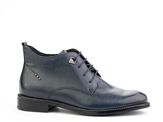 Men's autumn blue leather jodhpur boots with laces and average heels, isolated white background. Right side view. Fashion shoes.