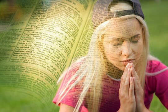 Multiple exposure of person praying on bible in background. spirituality, religion, worshipper, meditation, christianity and national day of prayer.
