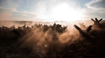 World War 2 reenactment (D-day). Creative decoration with toy soldiers, landing crafts and...