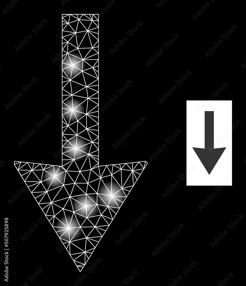 Poster bright mesh down arrow glare icon with light spots. illuminated vector constellation based on down a