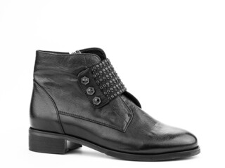 Women's autumn ankle black leather boots with black zip and average heels, isolated white background. Right side view. Fashion shoes.