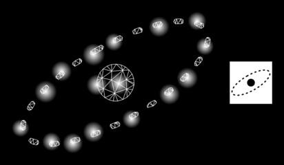 Flare mesh electron orbit constellation icon with lightspots. Illuminated vector model based on electron orbit glyph. Sparkle frame mesh electron orbit on a black background.