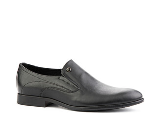 Vintage black men's Loafer Shoes. Closeup. Advertising shot. Leather shoes. Concept closeup shoes. Isolated object close up on white background.