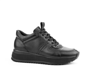 Black leather classic sneakers with laces. Casual men's style. Black rubber soles. Isolated close-up on white background. Right side view.